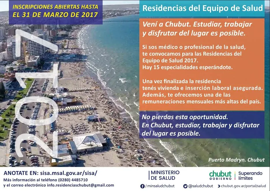 Salud recuerda que continúa abierta la inscripción a las Residencias Médicas de Chubut.-